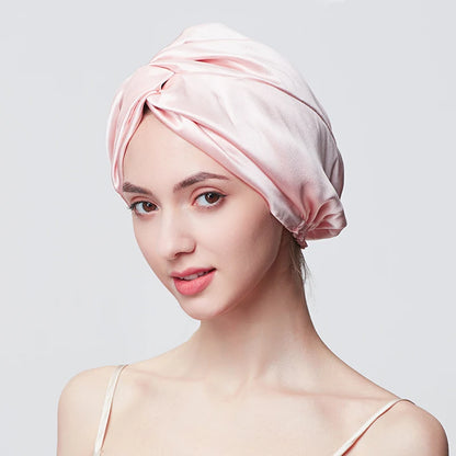 Double Layers 100% Silk Twisted Sleeping Bonnet Natural Silk Turban With Elastic Ribbon Women Headwrap For Hair Care 19Momme