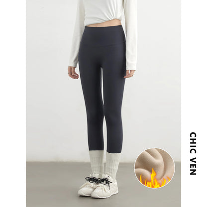 CHIC VEN Women Leggings Pants Solid High Waisted Stretch Yoga Pant Tights Fitness Elastic Running Sportswear Autumn Winter 2025