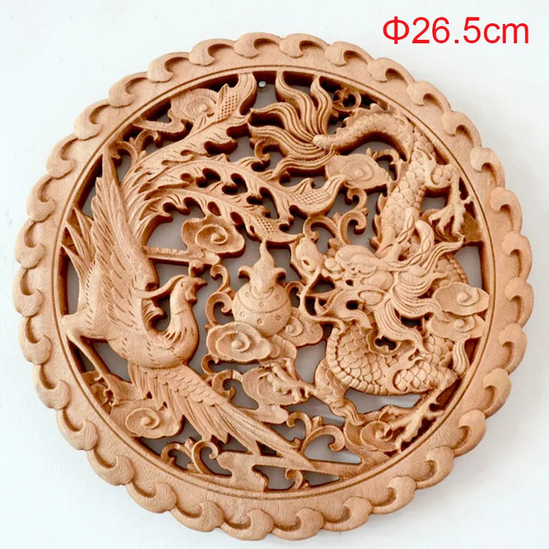 1PC Traditional Chinese Woodcarving Wall Hanging Camphor Wood 3d Exquisite Dragon Phoenix Flower Carving Craft Home Decoration