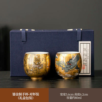 Pure gold teacup dragon and phoenix pair cup master cup personal special gilt kung fu tea set merchandise Guochao