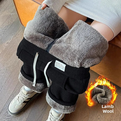 Lamb Velvet Wide Leg Pants Women's Winter New Loose Thiened Casual Straight Leggings High Waist Long Trousers