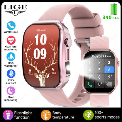LIGE New 2.2-inch 3D Curved Screen Smart Watch With LED Light Thermometer Health Monitor Smartwatch BT Call Sports Fitness Watch