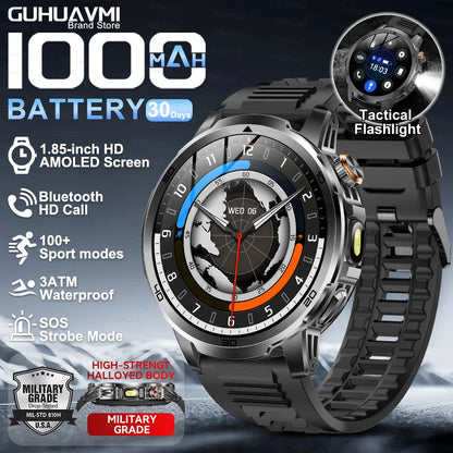 2026New Rugged Military Grade Smart Watch Men 1000mAh Large Battery Flashlight Waterproof Voice Call Sports Men Fitness Bracelet