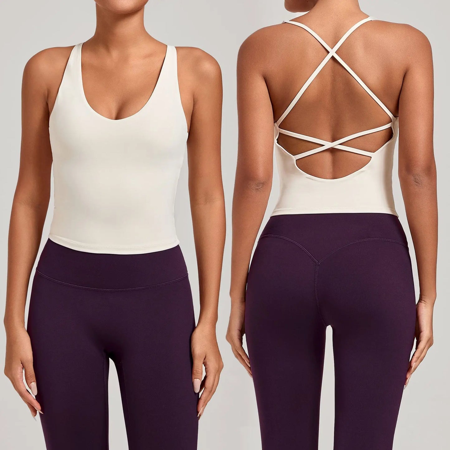 Sexy Cross Backless Sports Tank Tops with Cups Women Gym Clothing Sleeveless V-neck Fitness Active Vest Female Workout Slim Top