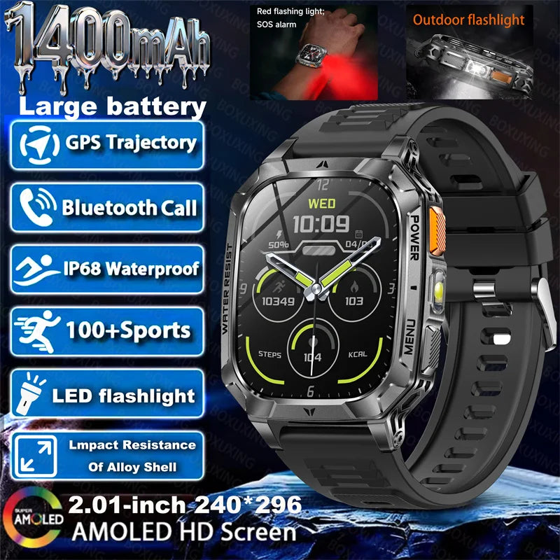 Outdoor military Smart Watch 1400mAh Battery Fitness Tracking 10ATM Waterproof Tactical Sports Flashlight Men's Phone Watches