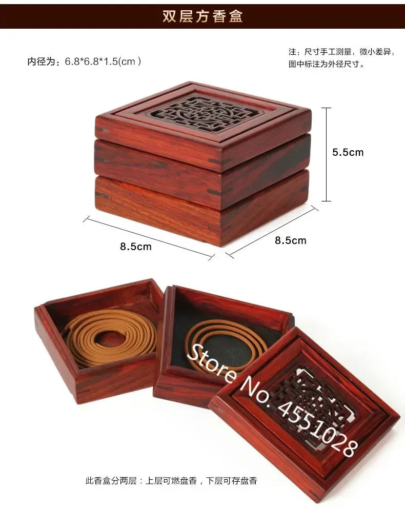 Red Rosewood Incense Burner Double-Layer Sandalwood Box Wood Carving Crafts Solid Four-Corner Ornament Home Decor