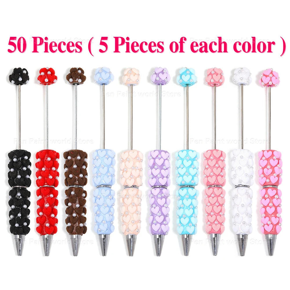 10-50Pcs DIY Clay Heart Bead Pen with Pearl Detail — Useful Ballpoint Pen for Journaling, Office, and Gifts