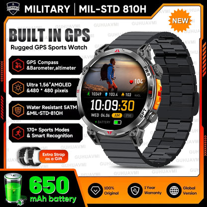2026 Outdoor GPS Sports Smart Watch Men Built in GPS Compass 5ATM Waterproof Bluetooth Call HD AMOLED Screen Fitness Smartwatch
