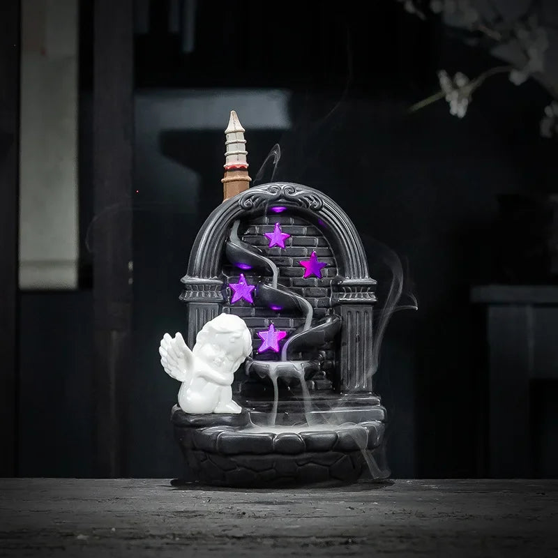 Y Beautiful Angel Backflow Incense Burner with LED RGB Light Smoke Waterfall Incense Base Living Room Home Decor Christmas Gift