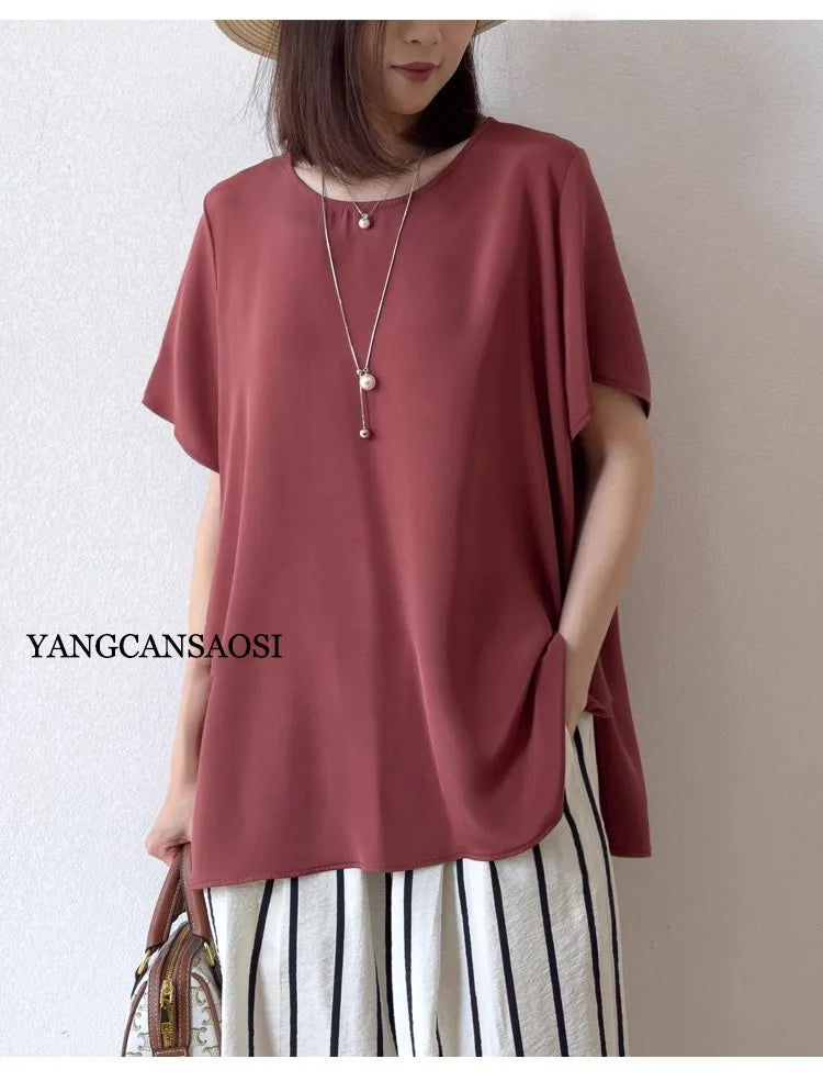 2025 Women's Casual Summer New Relaxation Style 26MM 93% Natural Mulberry Silk Elastic Wrinkled Round Neck Short Sleeve T-shirt