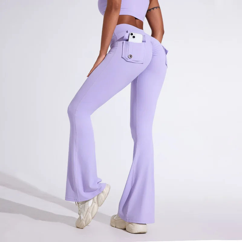 Workwear Pocket Pants, Women's Peach Bell Bottom Pants, Hip Lifting Sports Leggings, Fitness Pants, Micro Bell Bottom Pants