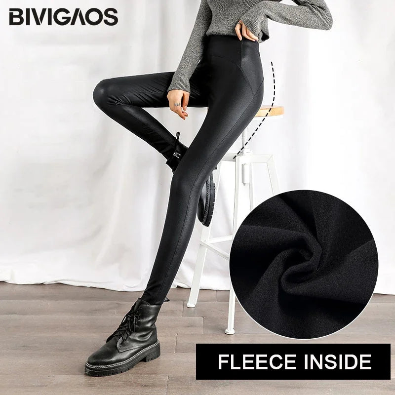 Autumn Winter Black Fleece Matte Leather Leggings Women High Waist  Sexy Motorcycle Pants Slim Skinny Warm Leggings
