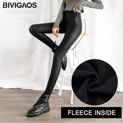 Autumn Winter Black Fleece Matte Leather Leggings Women High Waist  Sexy Motorcycle Pants Slim Skinny Warm Leggings