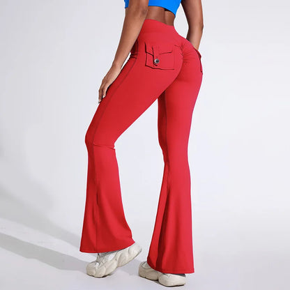 Workwear Pocket Pants, Women's Peach Bell Bottom Pants, Hip Lifting Sports Leggings, Fitness Pants, Micro Bell Bottom Pants