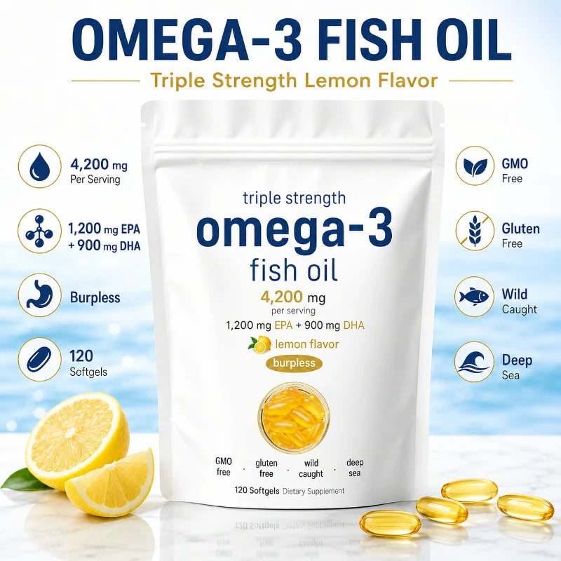 Triple Strength Omega 3 Fish Oil Supplements 4200mg Per Serving 120 Softgels Lemon Flavored Burpless EPA