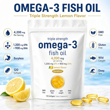 Triple Strength Omega 3 Fish Oil Supplements 4200mg Per Serving 120 Softgels Lemon Flavored Burpless EPA