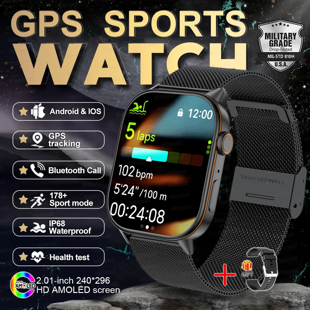 2025 New Outdoor Military GPS Smart Watch 2.01-inch AMOLED Screen BT Call 178+ Sport Mode IP68 Waterproof Smartwatches Man Women