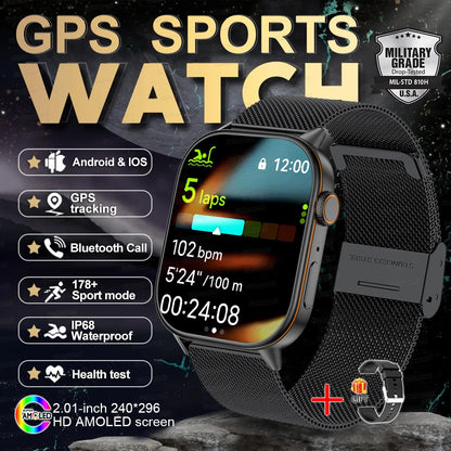 2025 New Outdoor Military GPS Smart Watch 2.01-inch AMOLED Screen BT Call 178+ Sport Mode IP68 Waterproof Smartwatches Man Women