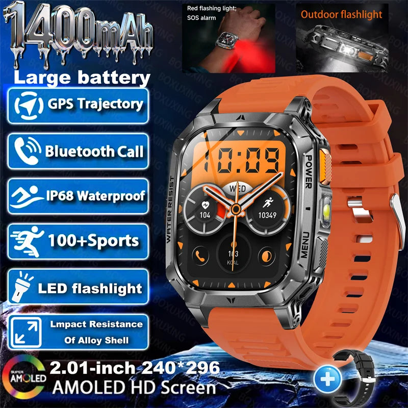 Outdoor military Smart Watch 1400mAh Battery Fitness Tracking 10ATM Waterproof Tactical Sports Flashlight Men's Phone Watches
