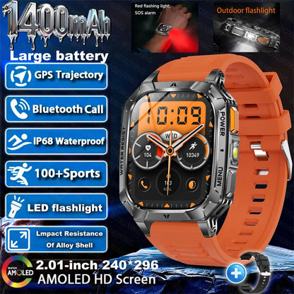 Outdoor military Smart Watch 1400mAh Battery Fitness Tracking 10ATM Waterproof Tactical Sports Flashlight Men's Phone Watches
