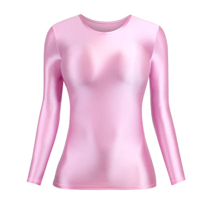 MJINM Glossy Satin Elastic Crewneck Longsleeve Breathable Tops Blouse Streetwear Sport Fitness Yoga Tees Casual Tight Undershirt