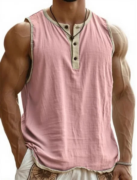 Summer 2025 Men's Fashion Cotton Sleeveless Fitness Casual Vest Color Block Trendy Button Decorated Loose Fit Sweat Wicking