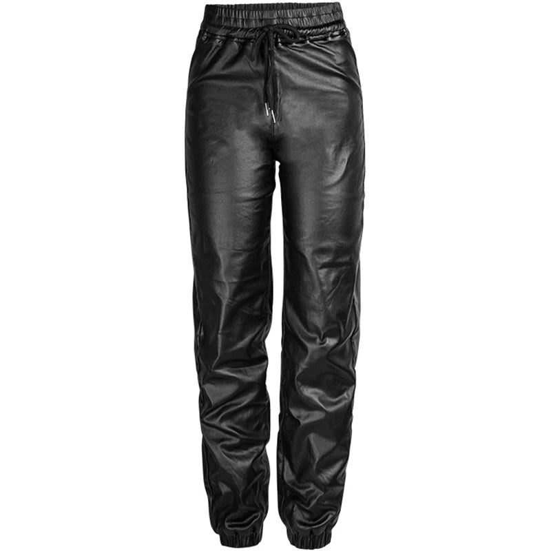 Women Faux Pu Leather Pants High Waist Baggy Stretch Stacked Trousers Drawstring Leisure Joggers Streetwear Office Lady 4XL 3XL