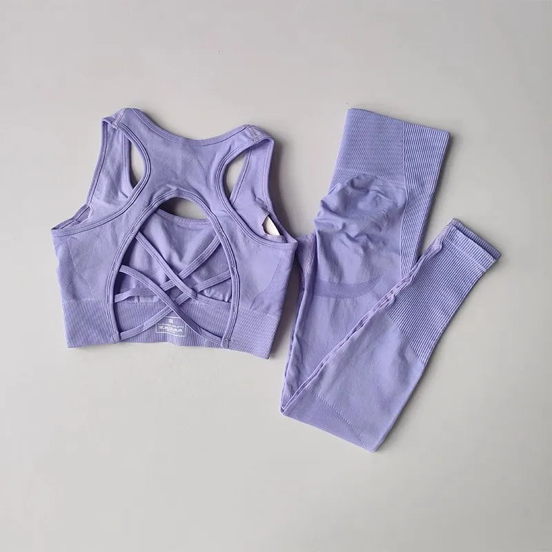 Women's yoga exercise set, cross belt backless sports bra paired with hip lifting and high waist yoga fitness pants