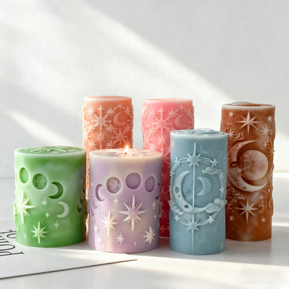 Star and Moon Pillar Candle Mold Celestial Cylinder Silicone Mold DIY Aromatherapy Wax Craft Home Decor Night Sky Theme