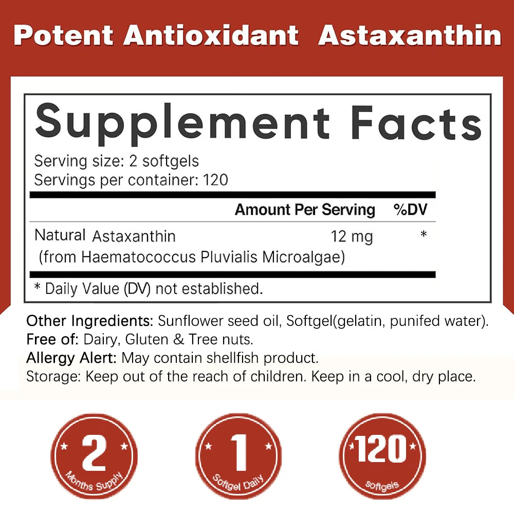 Astaxanthin 12mg - 120 Softgels | Premium Astaxanthin Antioxidant Supplements | Fresh Microalgae | Non-GMO, Gluten Free Soy-Free