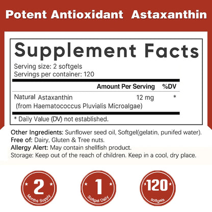 Astaxanthin 12mg - 120 Softgels | Premium Astaxanthin Antioxidant Supplements | Fresh Microalgae | Non-GMO, Gluten Free Soy-Free