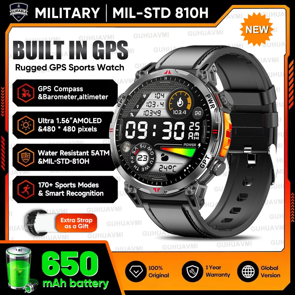 2026 Outdoor GPS Sports Smart Watch Men Built in GPS Compass 5ATM Waterproof Bluetooth Call HD AMOLED Screen Fitness Smartwatch