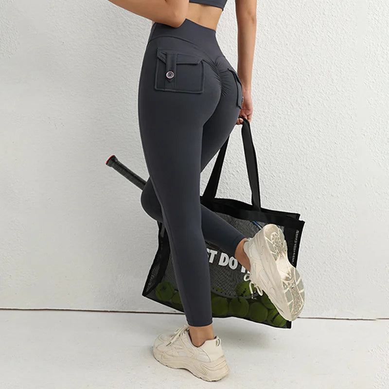 TRY TO BN Sports Gym Leggings Yoga Pants Fitness Scrunch Buttons Peach Hips High Waist Leggings With Pocket Running Tights Women