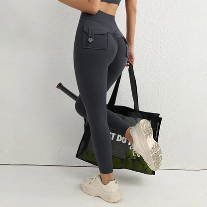 TRY TO BN Sports Gym Leggings Yoga Pants Fitness Scrunch Buttons Peach Hips High Waist Leggings With Pocket Running Tights Women
