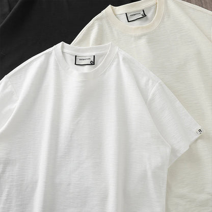 Dukeen Men Short Sleeved T Shirt Summer Loose 300Gsm Cotton Casual Sports Solid Color Round Neck White Tops