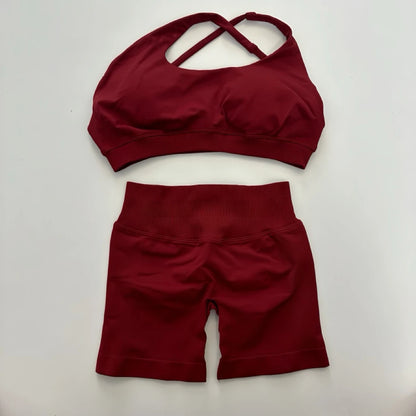 Yoga Asymmetric Gym Set Women Seamless Yoga Set Workout Shorts Sets Halter Sports Bra Scrunch Bum Shorts Fitness Clothes