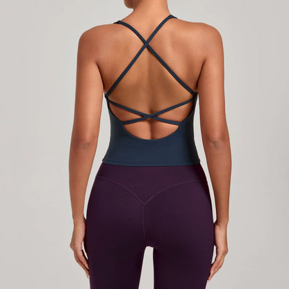 Sexy Cross Backless Sports Tank Tops with Cups Women Gym Clothing Sleeveless V-neck Fitness Active Vest Female Workout Slim Top