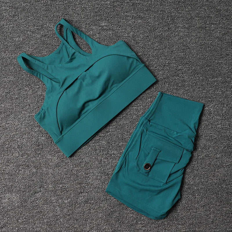 TRY TO BN Fitness Shorts Yoga Sports Bra Sets Women's Tracksuit Sportswear Workout High Waisted Leggings Cycling Gym Suit Pocket