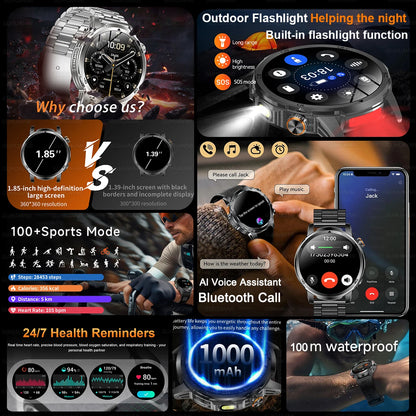2026 New outdoor Smart watch Men 1.85 Inch AMOLED On Display 1000mAh Battery BT Call Heart Rate SpO2 Fitness Tracker Wristband