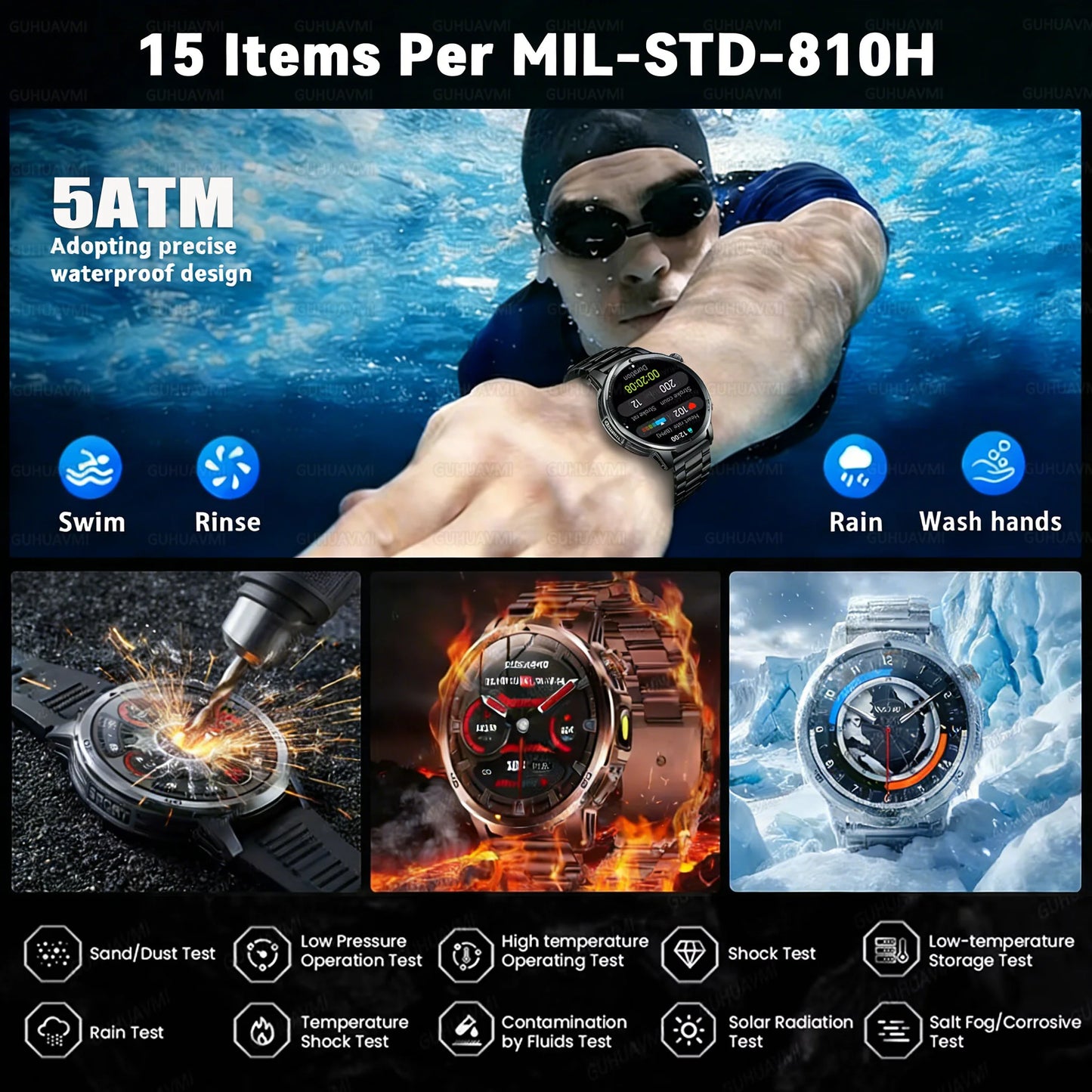 2026 New Outdoor Military 1.85-inch 466*466 Smart Watch Fitness Clock Men 1000mAh Battery 10ATM Waterproof HD Call Bracelet Men