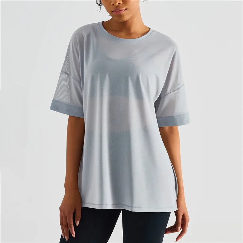 Yoga Sport Shirt Quick Drying Yoga Blouse Fitness Mesh Stitched Casual Sports Top Summer Short Sleeve Sport T-Shirt For Women