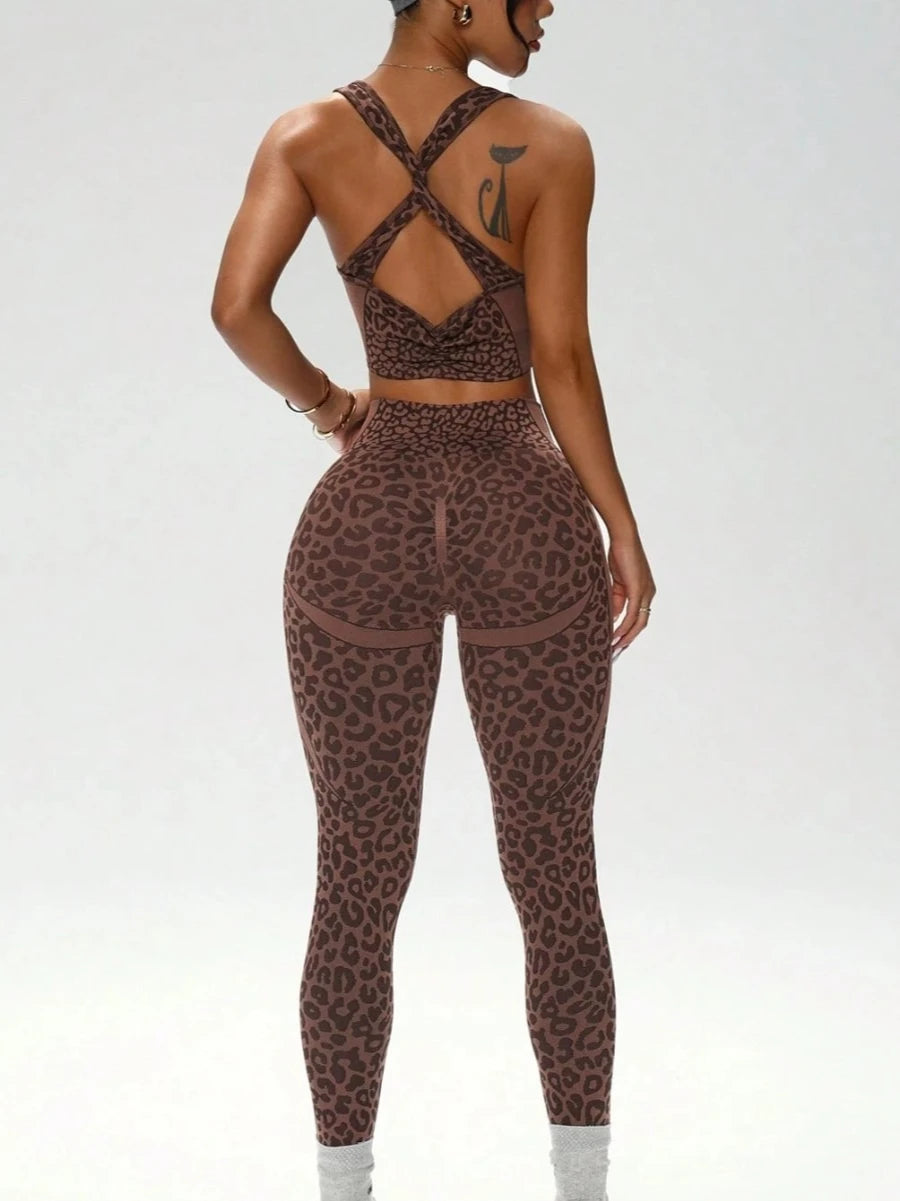 Casual Sexy Outdoor Yoga Tracksuits Women Leopard Print Corset Top+Pants 2-piece Set Female GYM Fitness Trousers Suit Sportwear