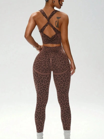 Casual Sexy Outdoor Yoga Tracksuits Women Leopard Print Corset Top+Pants 2-piece Set Female GYM Fitness Trousers Suit Sportwear
