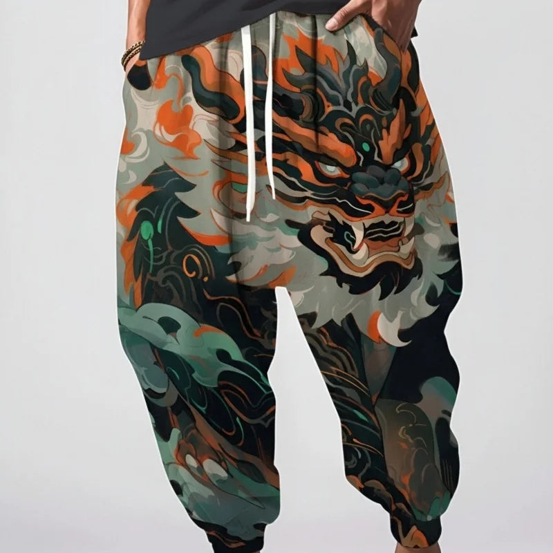 Fashion Men's Long Trousers Holiday Abstract Dragon Pattern Print Loose Drawstring Waist Sweatpants Oversized Autumn Bottoms