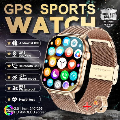 2025 New Outdoor Military GPS Smart Watch 2.01-inch AMOLED Screen BT Call 178+ Sport Mode IP68 Waterproof Smartwatches Man Women