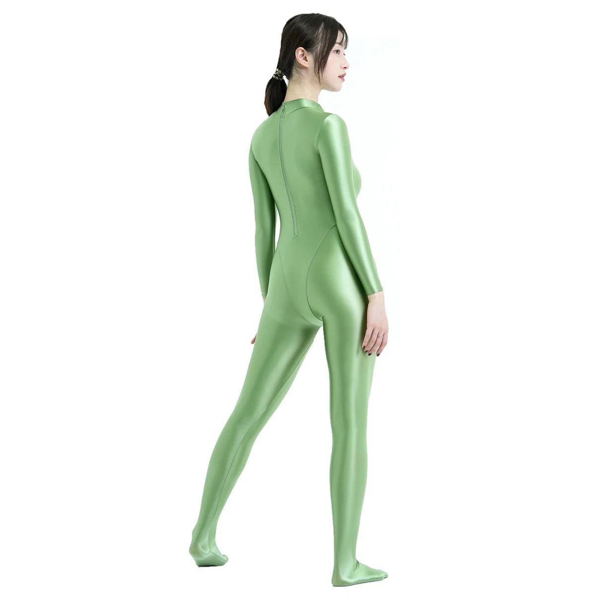 MJINM Glitter Shiny Satin High Stretch V-crotch Longsleeve Back Zipper Yoga Fitness Jumpsuit Bodysuit Playsuit Catsuit Homewear