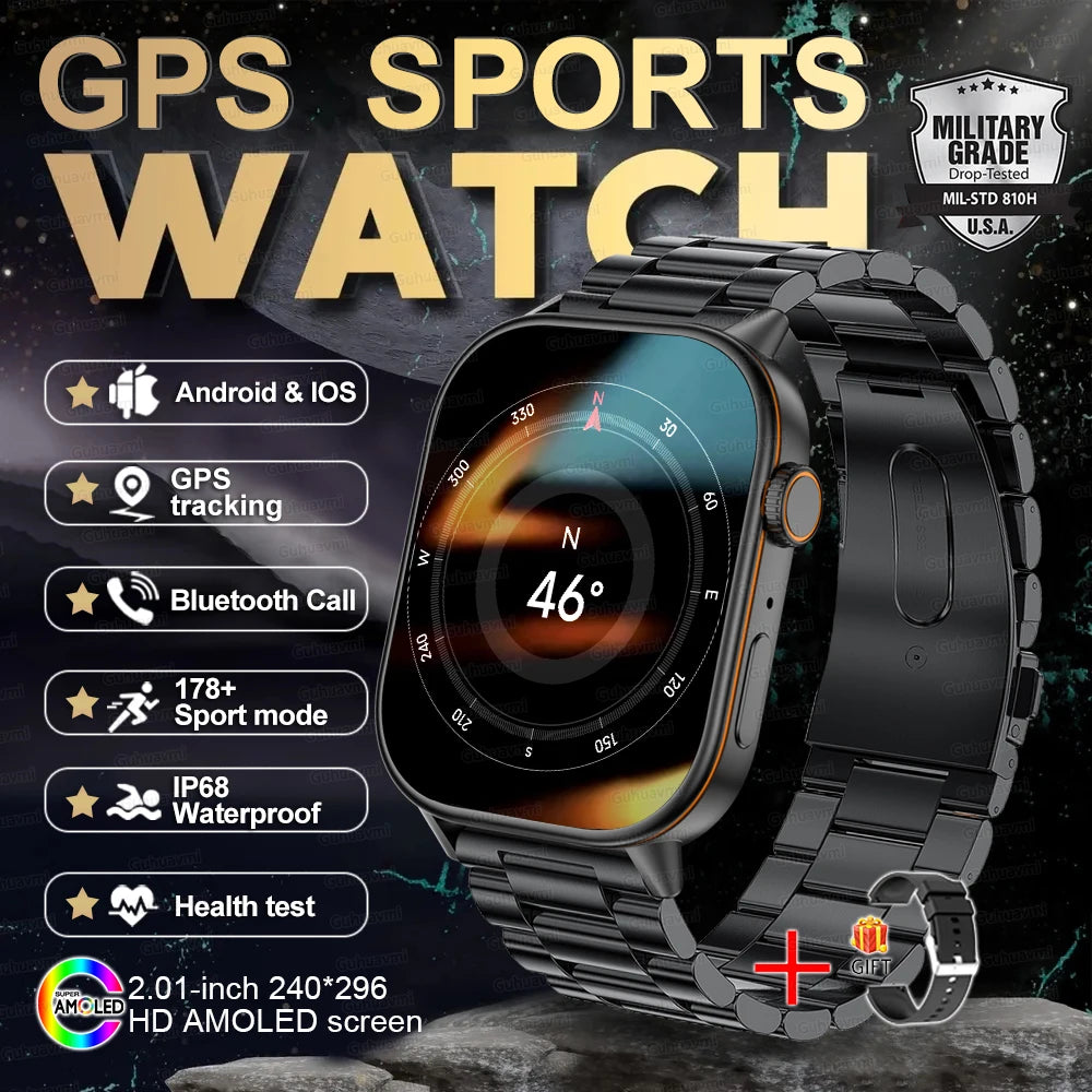 2025 New Outdoor Military GPS Smart Watch 2.01-inch AMOLED Screen BT Call 178+ Sport Mode IP68 Waterproof Smartwatches Man Women
