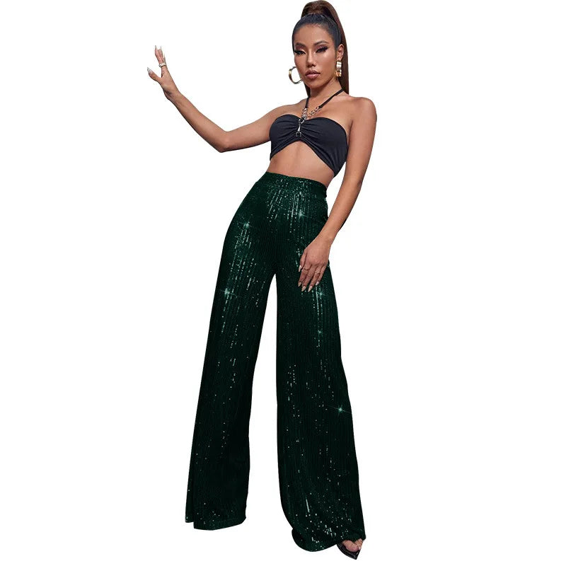 Vintage Bling Bling Sequined Pants Sexy Women High Waist Elegant Night Club Shiny Sequins Trousers