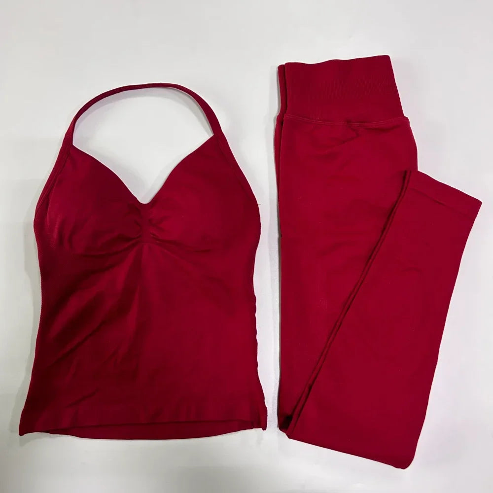 2Pcs Gym Set Women Backless Tank Tops High Waist Scrunch Seamless Shorts Gym Suit Fitness Clothes Activewear Workout Set