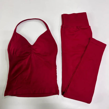 2Pcs Gym Set Women Backless Tank Tops High Waist Scrunch Seamless Shorts Gym Suit Fitness Clothes Activewear Workout Set